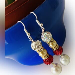 Colorful Handmade Sparkly Red & Gold Crystal Beads Faux Pearl Drop Earrings 2.3"